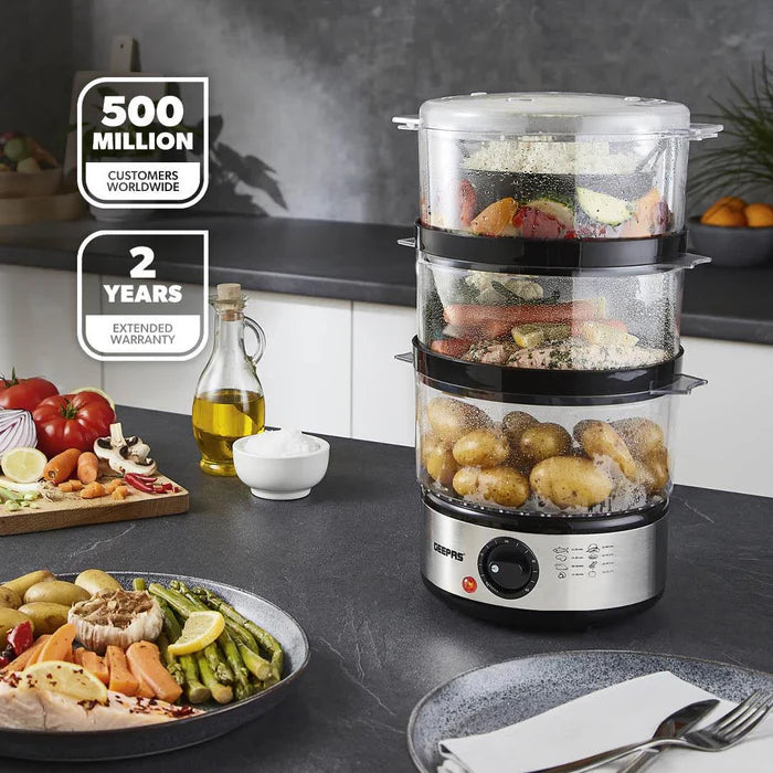 Geepas 7.2L Stainless Steel Electric Food Steamer 3 Tier (GFS63066UK)