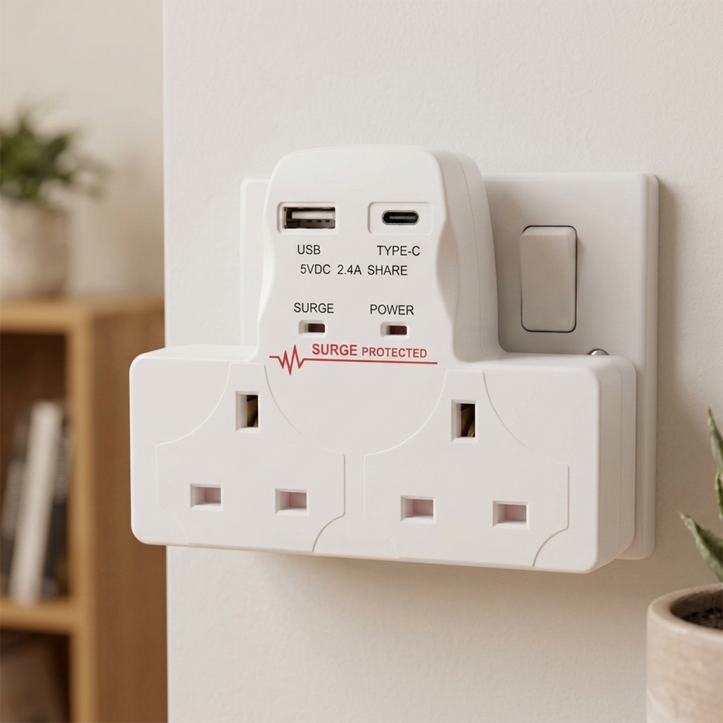Securlec T-Shape 2 Way Plug Adaptor with USB-A & USB-C (SL9090)