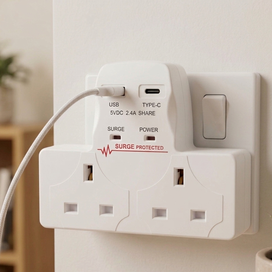 Securlec T-Shape 2 Way Plug Adaptor with USB-A & USB-C (SL9090)