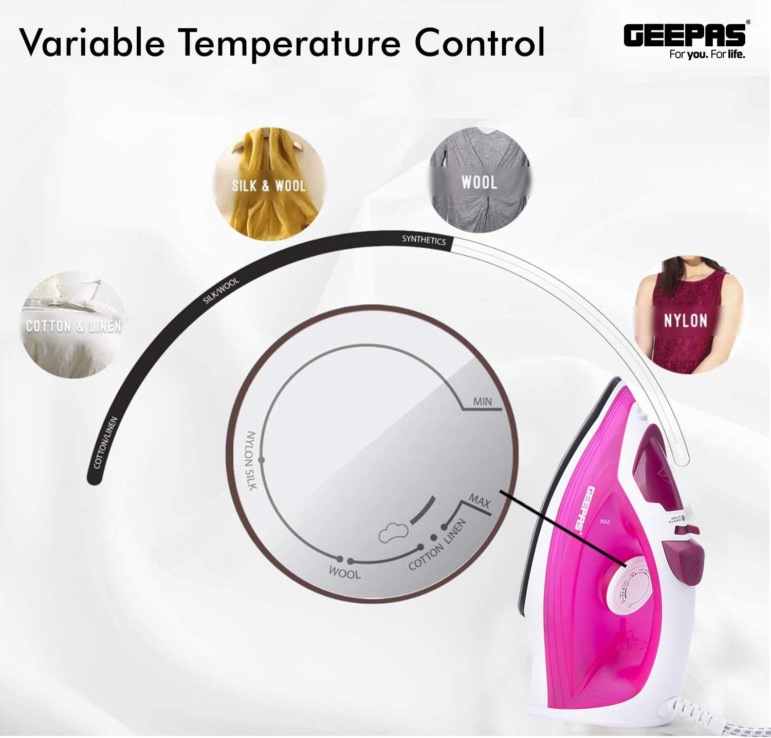 Geepas Steam Iron 1300W Pink (GSI7808)