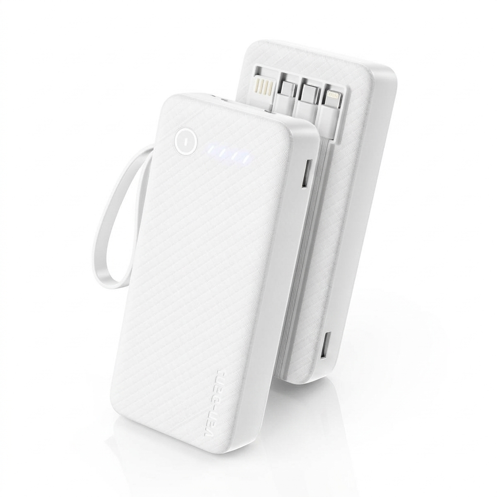 Ven-Dens 20000mAh 3-in-1 Power Bank with Built-In Cables & LED Torch (VD-PB059) - White