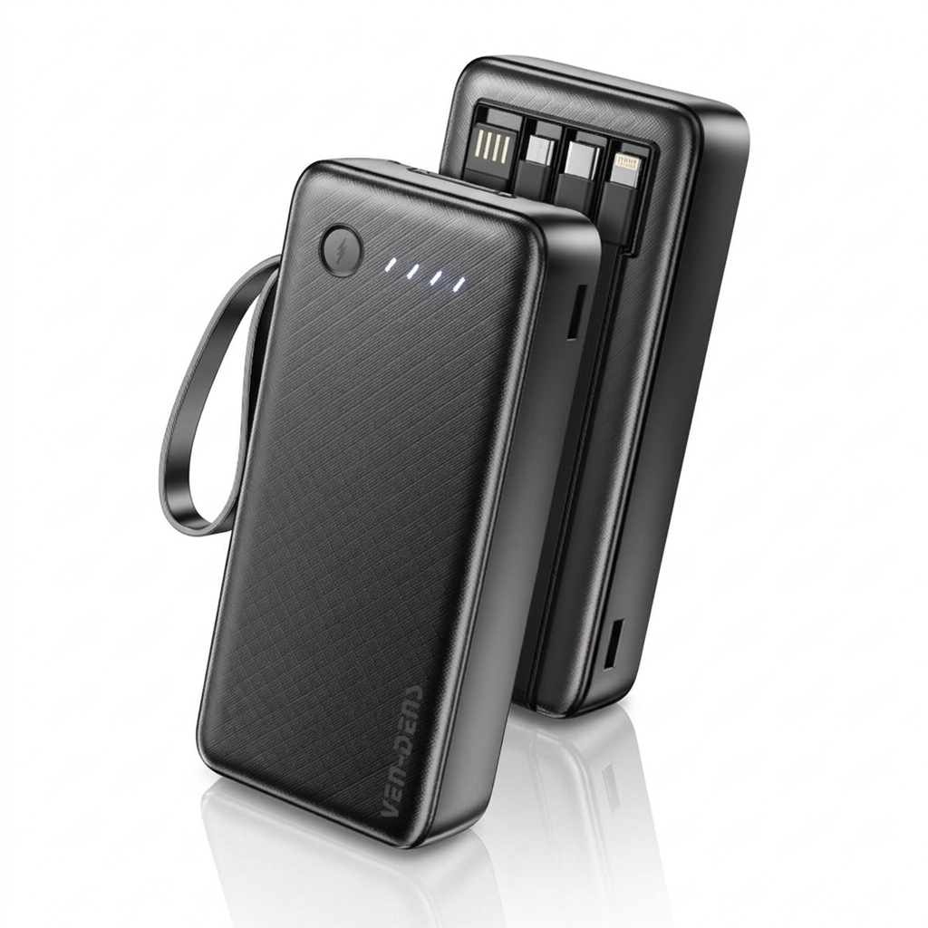 Ven-Dens 20000mAh 3-in-1 Power Bank with Built-In Cables & LED Torch (VD-PB059) - Black