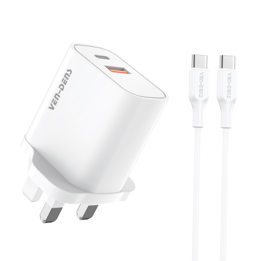 Ven-Dens 20W Fast Charger with USB-C to USB-C Cable Dual Port PD & QC 3.0 (SP-CDK004)