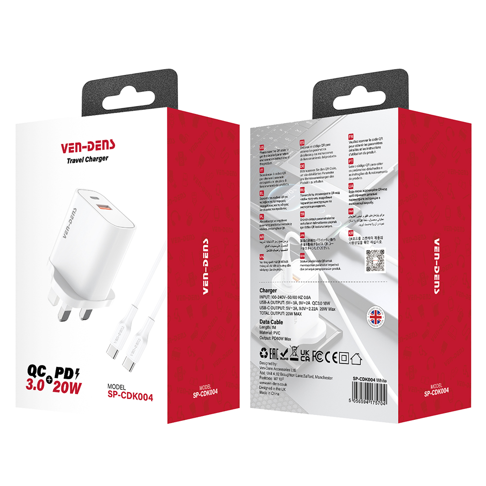 Ven-Dens 20W Fast Charger with USB-C to USB-C Cable Dual Port PD & QC 3.0 (SP-CDK004)