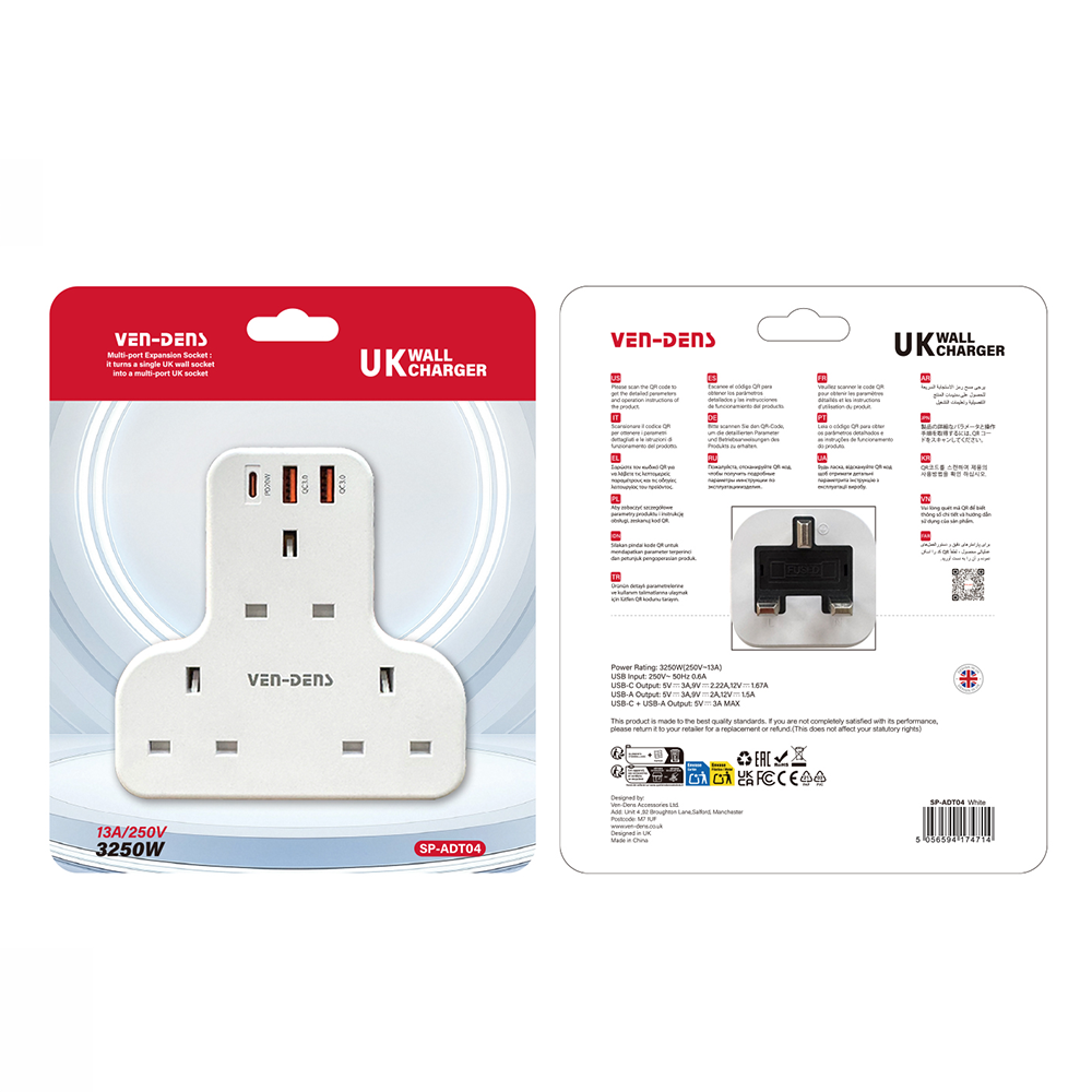 Ven-Dens 3 Way UK Wall Charger Adaptor with USB-C PD & Dual USB-A (SP-ADT04)