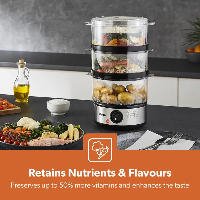 Geepas 7.2L Stainless Steel Electric Food Steamer 3 Tier (GFS63066UK)