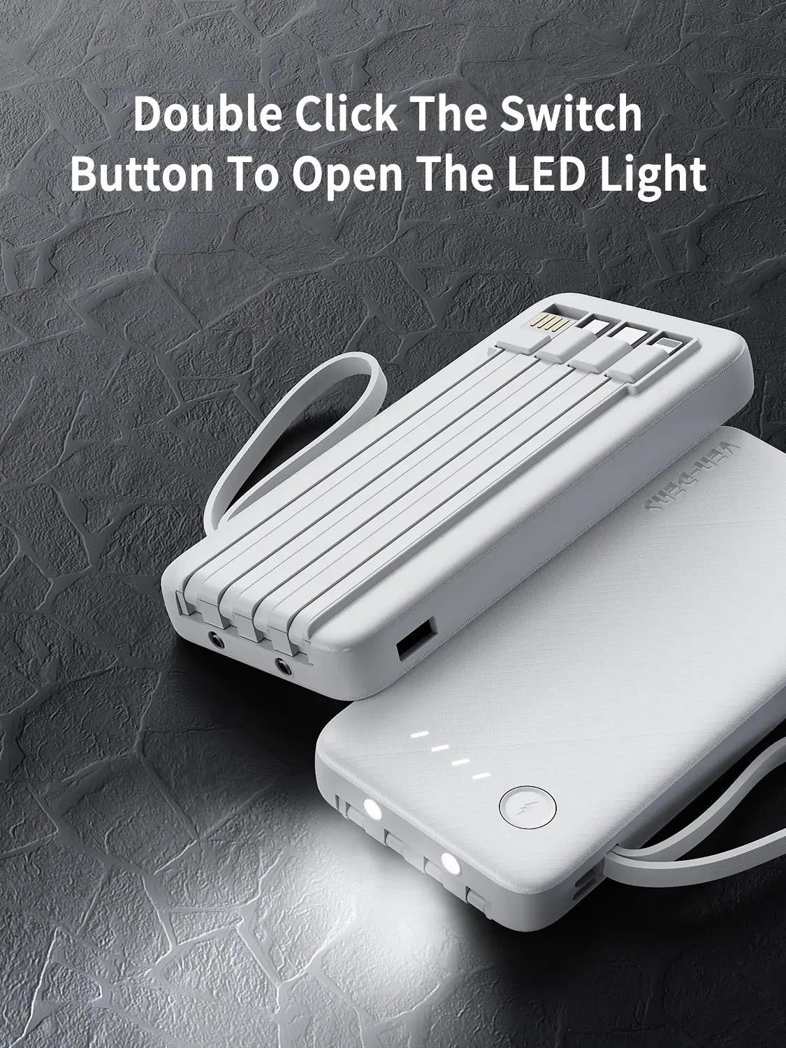 Ven-Dens 20000mAh 3-in-1 Power Bank with Built-In Cables & LED Torch (VD-PB059) - White