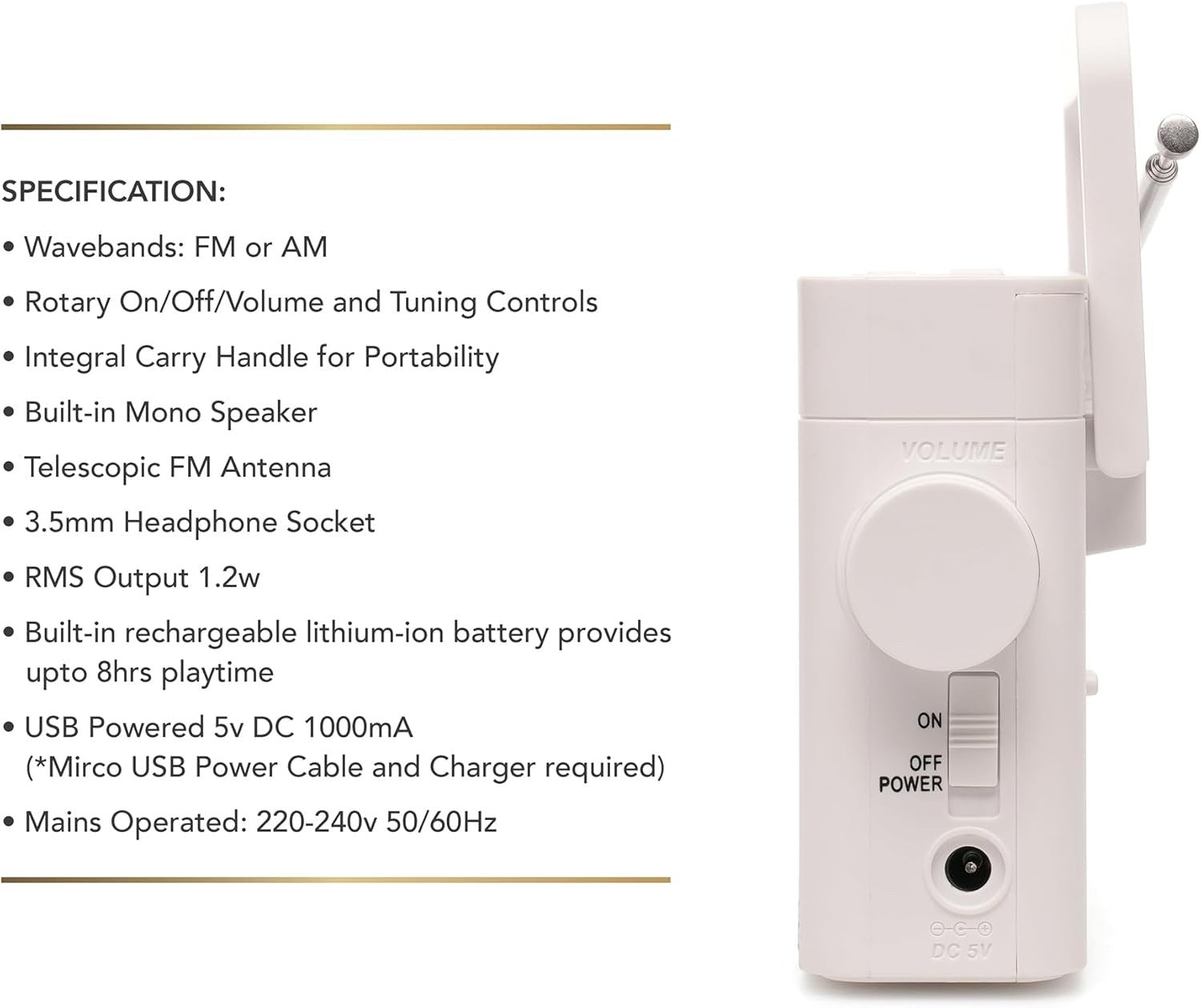 Lloytron Rhythm Rechargeable AM/FM Portable Radio (N2408WH) - White